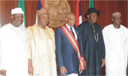 President Goodluck Jonathan (2nd right) ,Vice President Namadi Sambo, (2nd left),Senate President, David Mark (right), Speaker, House of Representatives, Aminu Tambuwal (left) and Chief Justice of Nigeria (CJN), Justice Dahiru Musdapher,  after the swearing-in ceremony of the CJN in Abuja, Monday