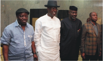 FRED10101101 From right: Rivers State Governor, Rt. Hon.Chibuike Amaechi, Cross Rivers State Governor and Chairman, South- South Governors' Forum, Sen. Liyel Imoke, Bayelsa State Governor, Chief Timipre Sylva and Delta State Governor, Dr. Emmanuel Uduaghan at the meeting of the South-South Governors' Forum in Yenagoa, last Friday.