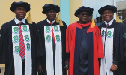 L-R: Rivers State Governor, Rt Hon Chibuike Amaechi, Pro-Chancellor, Rivers State University of Science and Technology (RSUST), Justice Adolphus Karibi-Whyte, Senate President David Mark and Vice Chancellor of the University, Prof. B. B Fakae, after the Senate President was conferred with an honorary doctorate degree at the convocation ceremony of the university in Port Harcourt, Saturday