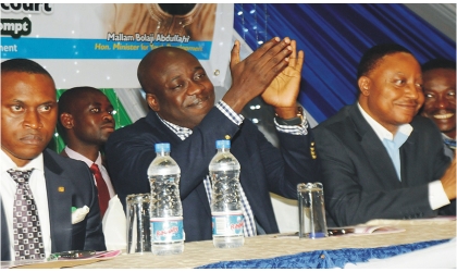 Secretary to Rivers State Government, Mr George Feyii (right) with Minister of Youth Development, Mallam Bolaji Abdullah (middle) and state Commissioner for Youth Development, Mr Owene Wonodi (left), during the launching of Youth Enterprises in Port Harcourt, recently.