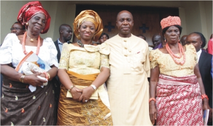 Madam Mary Amaechi Orduah (right), her son, Rivers State Governor, Rt Hon Chibuike Amaechi, his wife Judith (2nd left)  and the Governor's wife’s  mother, Madam Josphine Ndukwu during the Special Thanksgivings Service for the Governor's mother at St Theresa's Catholic Church,Ubima,  yesterday