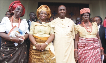 FRED07111101 Madam Mary Amaechi Orduah (right), her son, Rivers State Governor, Rt Hon Chibuike Amaechi, his wife Judith (2nd left) and the Governor's wife’s mother, Madam Josphine Ndukwu during the Special Thanksgivings Service for the Governor's mother at St Theresa's Catholic Church,Ubima, yesterday