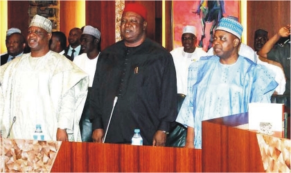 FRED07111102 L-R: Head of Civil Service , Alhaji Sali Bello, Secretary to the Government of the Federation, Senator Anyim Pius Anyim and Vice President Namadi Sambo, at the Federal Executive Council meeting in Abuja, last Wednesday