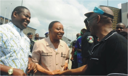 L-R: Rivers State Deputy Governor, Engr Tele Ikuru, Secretary to the State Government, Mr George Feyii  and President of the Movement for the Survival of Ogoni People (MOSOP), Mr Ledum Mitee, during MOSOP’s protest march to Government House, Port Harcourt, Monday.