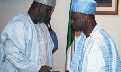 Bauchi State Deputy Governor, Sagir Saleh  (left) condoling Governor Ibrahim Dankwambo of Gombe State  over the death of his Deputy in Gombe,  Sunday.