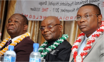 R-L: Representative of Enugu State Government, Mr. Ikechukwu Ugwuegede, Chairman, Nigeria Society of Engineers (NSE), Enugu chapter, Mr. Osita Uzoechina, and former Vice Chancellor, University of Nigeria, Prof. Chinedu Nebo, during the Annual General Meeting of NSE, Enugu chapter in Enugu, yesterday.