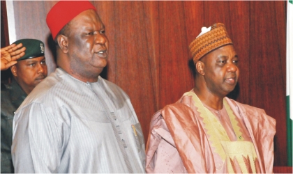 Secretary to the Government of the Federation, Senator Anyim Pius  Anyim (left), with Vice President Namadi Sambo during the Federal Executive Council meeting in Abuja, on Wednesday.