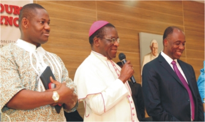 FRED25111103 R-L: Rivers State Governor, Rt. Hon. Chibuike Amaechi, Catholic Bishop of Port Harcourt Diocese, Most Rev. Dr. Camillus Etokudoh and the State Deputy Governor, Engr. Tele Ikuru during the 2nd Port Harcourt Diocesan Synod held at the Catholic Institute of West Africa (CIWA), Post Harcourt, on Wednesday.