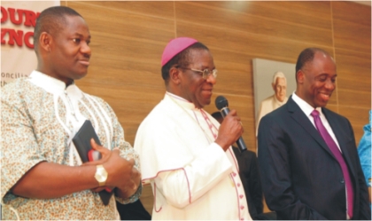 R-L: Rivers State Governor, Rt. Hon. Chibuike Amaechi, Catholic Bishop of Port Harcourt Diocese, Most Rev. Dr. Camillus Etokudoh and the State Deputy Governor, Engr. Tele Ikuru during the 2nd Port Harcourt Diocesan Synod held at the Catholic Institute of West Africa (CIWA), Post Harcourt, on Wednesday.