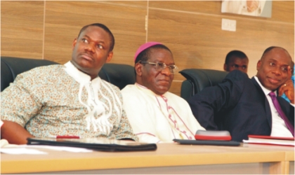 R-L: Rivers State Governor, Rt. Hon. Chibuike Amaechi, Catholic Bishop of Port Harcourt Diocese, Most Rev. Dr. Camillus Etokudoh and the State Deputy Governor, Engr. Tele Ikuru during the 2nd Port Harcourt Diocesan Synod at the Catholic Institute of West Africa (CIWA), Port Harcourt, last Wednesday.