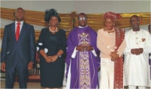 L-R: Rivers State Governor, Rt Hon Chibuike Amaechi, his wife, Judith, Catholic Arch Bishop of Port Harcourt Diocese, Most Rev. C.A Etokudoh, Supreme Court Justice, Mary Odili, her husband and former Rivers State Governor, Dr. Peter Odili at the thanksgiving mass in honour of Governor Amaechi and Justice Odili by the Catholic Diocese in Port Harcourt, yesterday.