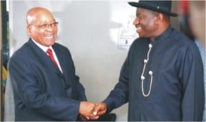 President Goodluck Jonathan (right) in handshake with visiting South African President, Jacob Zuma in Abuja, last Saturday.