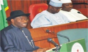 President Goodluck Jonathan (left), presenting the 2012 Budget Proposal to the National Assembly.With him are the Senate President David Mark (middle) and Speaker, House of Representatives, Hon. Aminu Tambuwal, in Abuja, yesterday.