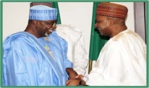 Vice President Namadi Sambo (right), exchanging pleasantries with Senator Ahmed Khalifa, during the inauguration of  Presidential Committee on Resettlement of Nigerians affected by the International Court of Justice (ICJ) judgment in Abuja last Friday.