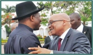 President Goodluck Jonathan (left), welcoming President Jacob Zuma of South Africa in Abuja last Tuesday