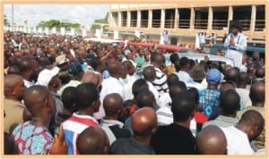 Senator representing Rivers South-East Senatorial District in the National Assembly, Senator Magnus Abe (right), addressing a mammoth crowd of PDP members, during a rally in support of Governor Chibuike Amaechi at Government House, Port Harcourt, last Saturday.