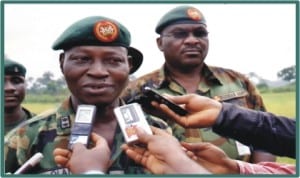 General Officer Commanding 82 Division of the Nigerian Army, Major-General Adebayo Olaniyi, fielding questions from pressmen during the closing ceremony of the Division’s Annual Shooting Range Exercise at Igwuruta, near Port Harcourt. With him is the 2 Brigade Commander,Bori Camp, Brigadier-General Osasogie Uzamere. Photo: Nwiueh Donatus Ken.