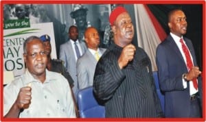 L-R: Nigeria Labour Congress (NLC) President, Abdulwaheed Omar, Secretary to the Government of the Federation, Senator Anyim Pius Anyim and Trade Union Congress, President, Mr Peter Esele, at the Pre-May Day symposium in Abuja, yesterday.