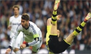 Sergio Ramos (left) after clashing with Dortmund’s Roberto Lewandowski