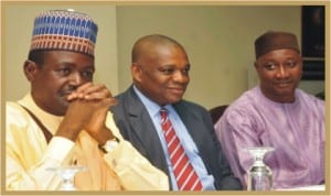 L-R: Minister of Information, Mr Labaran Maku, former Governor of Abia State, Dr Orji Kalu and President, Nigeria Union of Journalists, Malam Mohammed Garuba, at a public lecture and launch of the book titled "Guide to Youth Self Employment" in Abuja, yesterday.