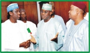 L-R:Director-General, Advisory Committee on Cooperation and Integration in Africa, Prof. Jerry Gana,Senate President,David Mark and Chairman, Senate Committee on Cooperation and Integration in Africa and NEPAD, Senator Simeon Ajibola, during the Advisory Committee's visit to the Senate President, in Abuja,  yesterday