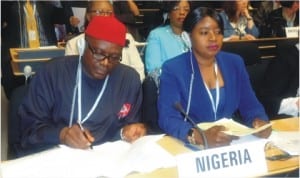 Minister of Health, Prof. Onyebuchi Chukwu and Permanent Secretary, Mrs Fatima Bamidele, at the opening session of the 66th World Health Assembly in Geneva last Monday