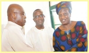 L-R: Senate President, David Mark, Senate Leader, Senator Victor Ndoma-Egba and wife of the Senate President, Mrs Helen Mark, at a special Mass to mark Democracy Day, at Saint Mulumba Chaplaincy, Apo Legislative Quarters in Abuja, last Wednesday.