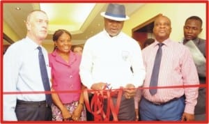 L-R:General Manager, Hotel Presidential, Port Harcourt, Mr Joseph Rennie, Director and Head of Department, Rivers  State Ministry of Commerce and Industry, Mrs Asianah Divinwil, state Commissioner for Commerce and Industry, Mr Chuma Chinye and Assistant General Manger, Hotel Presidential, Port Harcourt, Mr Rex Yakpogoro, at the inauguration of 5th Floor of the hotel  in Port Harcourt, yesterday.