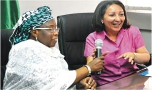 Minister of Women Affairs and Social Development, Hajiya Zainab Maina (left) with the new UNICEF Country Representative, Jean Gough, during a familiarisation visit to the minister in Abuja, last Friday