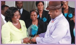 Rivers State Deputy Governor, Engr Tele Ikuru (right), being presented with the Wise Woman Award plague by the founder of True Vine Women International, Pastor (Helpmeet) Ene Secondus,(left) awarded her by a UK-based Charity in Port Harcourt, yesterday