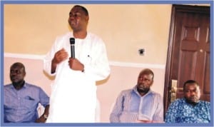 Senator Magnus Abe(standing), addressing journalists during a presentation of microcassette recorders to 50 journalists in Port Harcourt last Monday.With him are member, House of Representatives, Hon Maurice Pronen (left), Chairman, NUJ, Rivers State chapter, Mr Opaka Dokubo (2nd right) and member, House of Representatives, Hon Bright Gogo