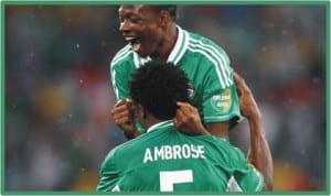 Super Eagles Ahmed Musa and Efe Ambrose celebarting Nigeria’s victory in Kenya, last week, the Eagles are hoping to celebrate again, today.