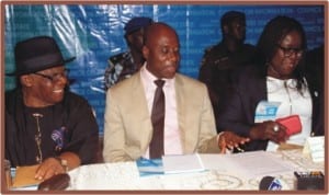 ; Rivers State Governor, Rt Hon Chibuike Amaechi (middle), with Commissioner for Information and Communications, Mrs Ibim Semenitari and former Group Public Affairs Manager, NNPC, Chief Olu Fubara, at the first  Rivers State Council on information in Port Harcourt, yesterday