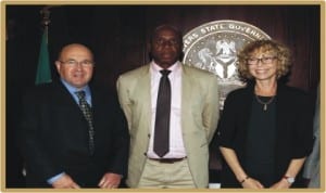 Rivers State Governor Rt. Hon. Chibuike Rotimi Amaechi (middle) flanked by the Israeli Ambassador to Nigeria Uriel Palti(left) and his wife, when they paid a courtesy visit on the Governor at Government House, Port Harcourt.  