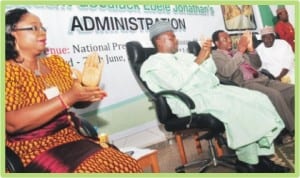 L-R: Senior Special Assistant to the President on MDGs, Dr Precious Gbenol, Minister of Information, Mr Labaran Maku, Acting Executive Secretary, UBEC, Prof. Charles Onocha, and Acting Executive Secretary, TETFUND, Malam Aliyu Naiya, at the 2013 ministerial platform in Abuja, last  Friday