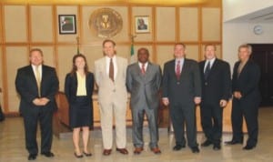 Rivers State Governor, Rt. Hon, Chibuike Amaechi (middle),the United States Assistant Secretary of State, Bureau of Conflict and Stabilisation Operation, Mr Rick Barton(3rd Left), Jeffrey Hawkins Consular General United States Consulate in Lagos (3rd right) and other members of the United States delegation that visited the Governor in Port Harcourt, last Wednesday.