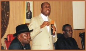 L-R: Member, House of Representatives, Hon Asita Asita,Rivers State Governor, Rt Hon Chibuike Amaechi and Senator Wilson Ake, during a solidarity visit by a delegation from Orashi to the governor in Port Harcourt on Monday