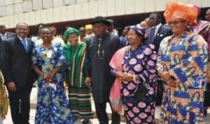 L-R: Executive Director, UNAIDS, Dr Michel Sidibe, incoming President of Globalpower Women Network Africa (gpwna) And Minister of Foreign Affairs 1, Prof Viola Onwuliri, President Ellen Johnson-Sirleaf of Liberia, President Goodluck Jonathan, President Joyce Banda of Malawi, and the Deputy Prime Minister of Zimbabwe, Rt. Hon. Thokazani Khupe, at the second high level meeting of GPWAN in Abuja, yesterday