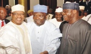 L-R: Former Military President, Gen. Ibrahim Babangida, Former Head of State, Gen. Yakubu Gowon and Senate President David Mark, at the 4th National Civil-Military dialogue in Abuja, last Tuesday. 