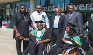L-R:Rivers State Commissioner for Social Welfare and Rehabilitation, Hon Joe Poroma, Executive Director, RSSDA, Mr Noble Pepple, Chairman RSSDA Board, Rev Precious Omuku and a manager in RSSDA, Mr Godwin Poi at the graduation  of RSSDA  students in Britain, recently