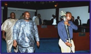 Speaker, Rivers State House of Assembly, Rt Hon Otelemaba Dan Amachree, departing the Assembly chambers escorted by the authentic mace bearer after the day’s proceedings, yesterday.