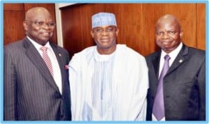 L-R:Chairman, Chartered Institute of Bankers of Nigeria, Mr Segun Aina; Senate President, David Mark and Vice Chairman of the Institute, Mr Segun Ajibola, during a courtesy visit to the Senate President  in Abuja, yesterday