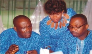 Rivers State Head of Service, Barr Samuel T. LongJohn (left), Permanent Secretary, Ministry of Chieftaincy Affairs, Kadilo Brown and Solicitor General/Permanent Secretary, Ministry of Justice and Chairman, Central Planning Committee, Barr Rufus N. Godwins, during the State 2013 Civil Service Week/Award Day, at the Alfred Diete-Spiff Civic Centre, Port Harcourt.