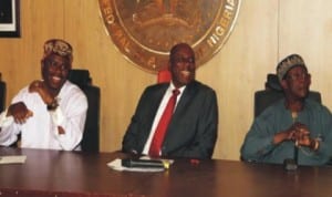 L-R: Member, House of Representatives, Hon Dakuku Peterside, Rivers State Governor, Rt Hon Chibuike Rotimi Amaechi and Sir G.T.G. Toby, during a solidarity visit to Governor Amaechi by people of Opobo/Nkoro ocal Government Area, on Monday.