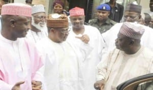 L-R:Gov. Aliyu Wamakko of Sokoto State; former Head of State, Gen. Abdulsalami Abubakar; Former Military President, Gen. Ibrahim Babangida; Gov. Rabiu Kwankwaso of Kano State; Gov. Sule Lamido of Jigawa State and Gov. Babangida Aliyu of Niger State, during the governors meeting on political issues, with the two former leaders in Minna, last Monday .