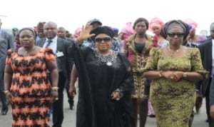 Dame Patience Jonathan (middle) flanked on the left by the wife of the Bayelsa State Governor, Mrs Seraike Dickson and Dame Judith Amaechi, during the First Lady visit to Port Harcourt over the death of her mother ,Mrs Charity Oba  