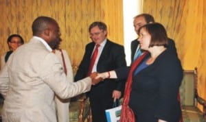 L-R. Rivers State Governor, Rt. Hon. Chibuike Amaechi in a handshake with  the Chairman  of the African Union Party Parliamentary Group on Nigeria, Meg Hillier while other members of Parliament watch, during a courtesy visit on the Governor at Government House, Port Harcourt, yesterday