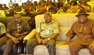 R-L: Dr. Tarilah Tebepah, Chairman, NDDC Board, Lt. Gen. Azubuike Ihejirika, Chief of Army Staff and Dr. Christain Oboh, MD/CEO, NDDC at the commissioning of 30 units of Non-Commissioned officers block built and donated to the Nigerian Army by NDDC in Port Harcourt , yesterday.