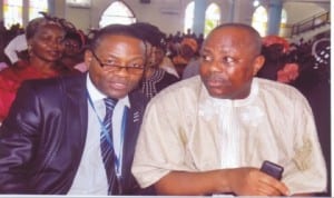 Director, Rivers State Newspaper Corporation, Chief Clinton Dagogo (right), with Secretary, Central Planning Committee 2013 Civil Service Week, D.C Nweneka, during a thanksgiving service at St Cyprian’s Anglican Church, Port Harcourt, recently