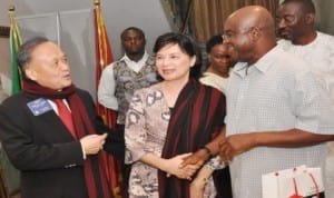 L-R: President, Rotary International, 2014-2015, Mr Gary Huang; his wife, Corinna, and Senate President, David Mark, during the Rotary President's visit to the Senate President in Abuja on Monday